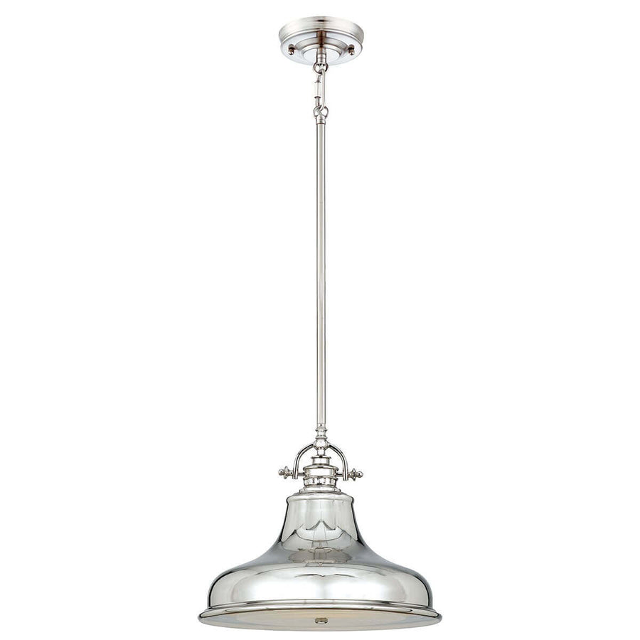 Suspension complète argentée avec tige métallique et grand abat-jour en verre transparent.