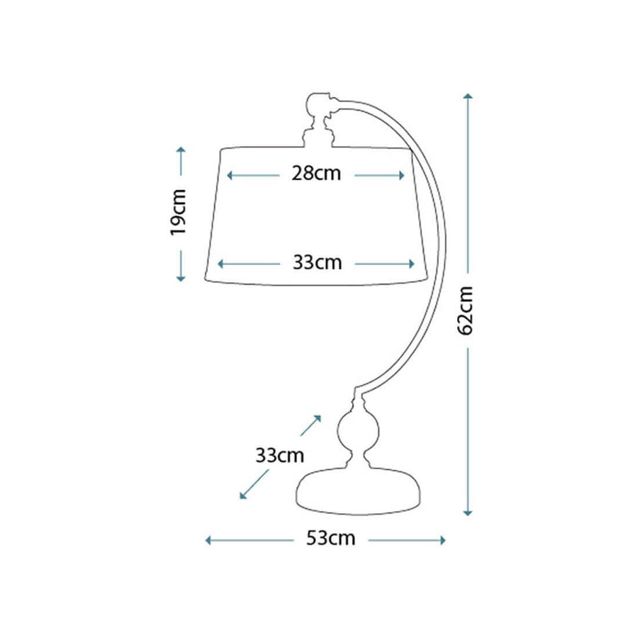 Schéma coté de la lampe avec hauteur, largeur et dimensions de l'abat-jour.