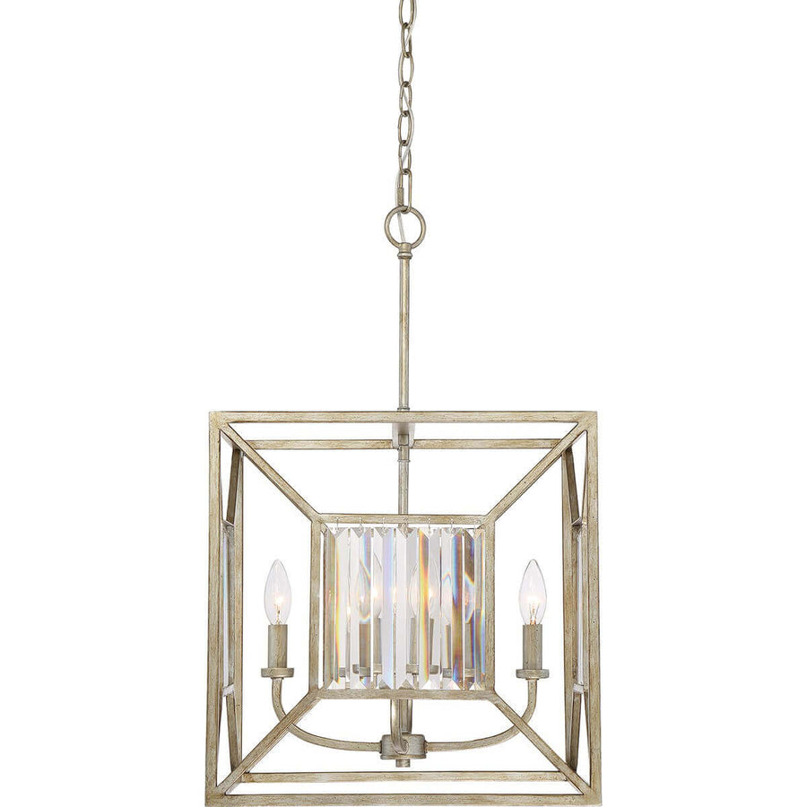 Vue de face du luminaire suspendu, cadre carré doré et quatre lumières visibles