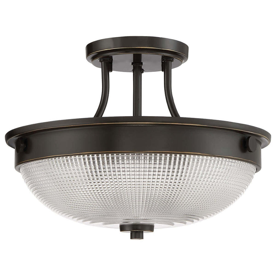 Vue rapprochée du plafonnier montrant la fixation circulaire et les tiges métalliques bronze.