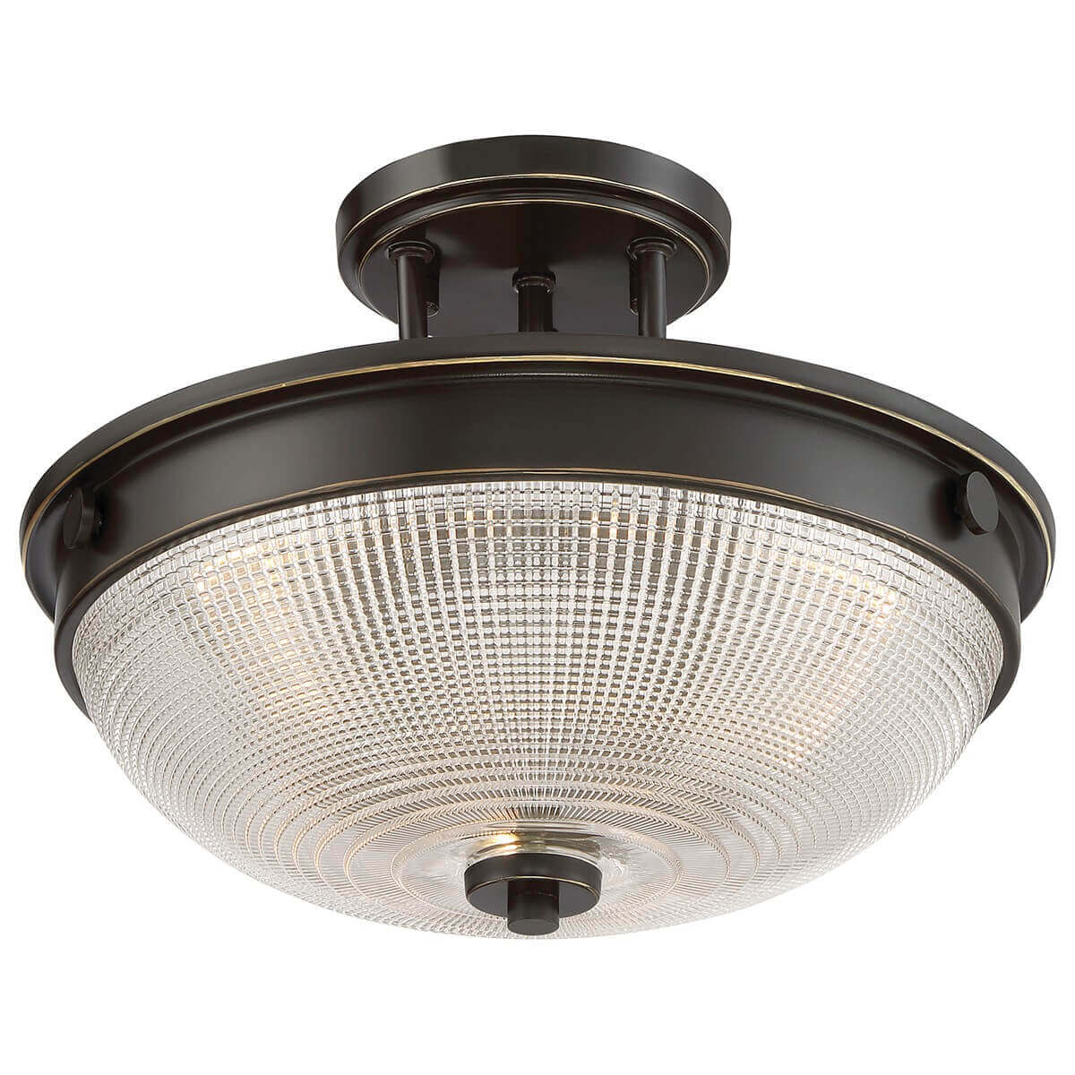 Autre angle du luminaire avec la bague bronze à liseré doré et le verre prismatique.