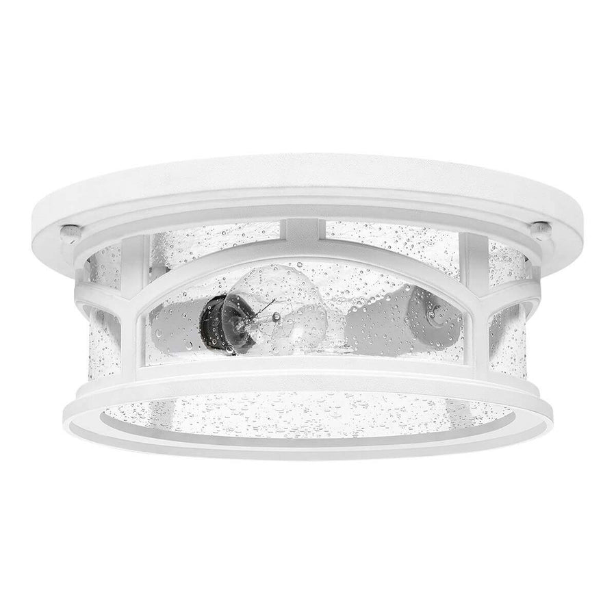 Vue rapprochée du luminaire blanc dévoilant le verre granulé et son cerclage.