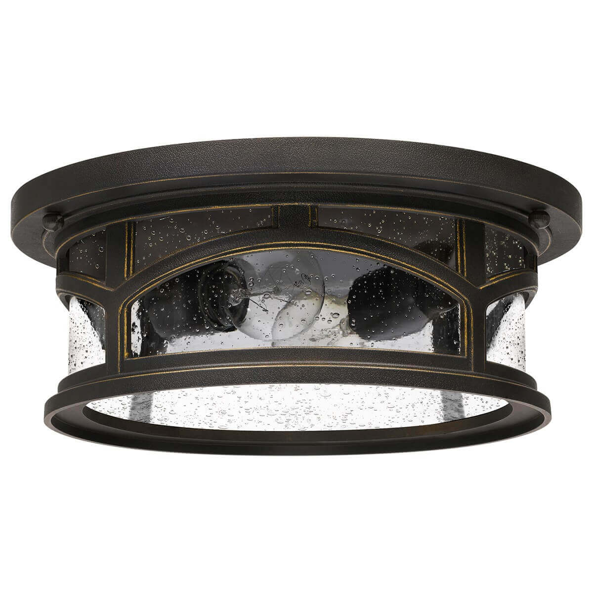 Vue légèrement inclinée du luminaire montrant sa structure circulaire et ses vitres.