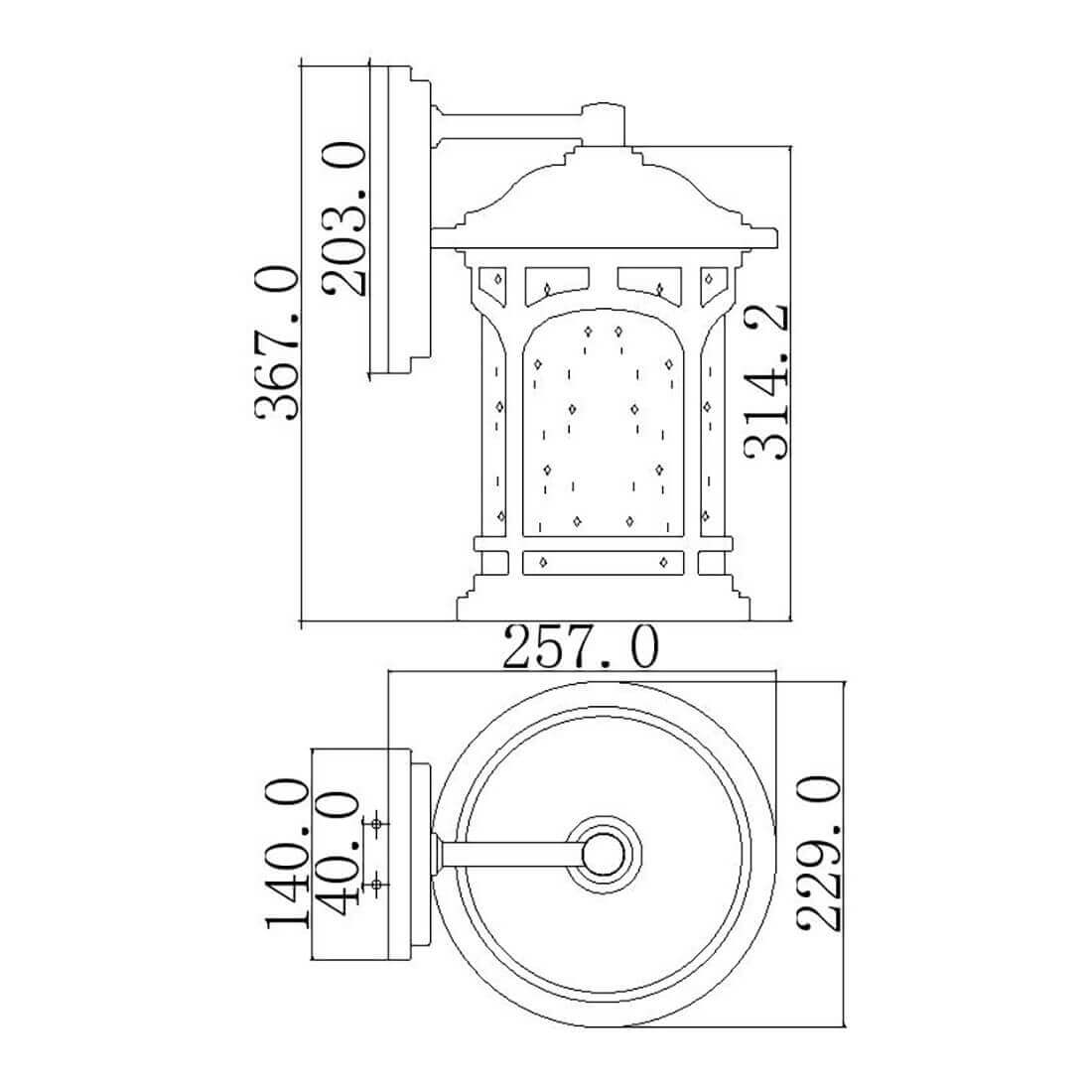 Schéma coté de l'applique montrant les dimensions de face et de dessus
