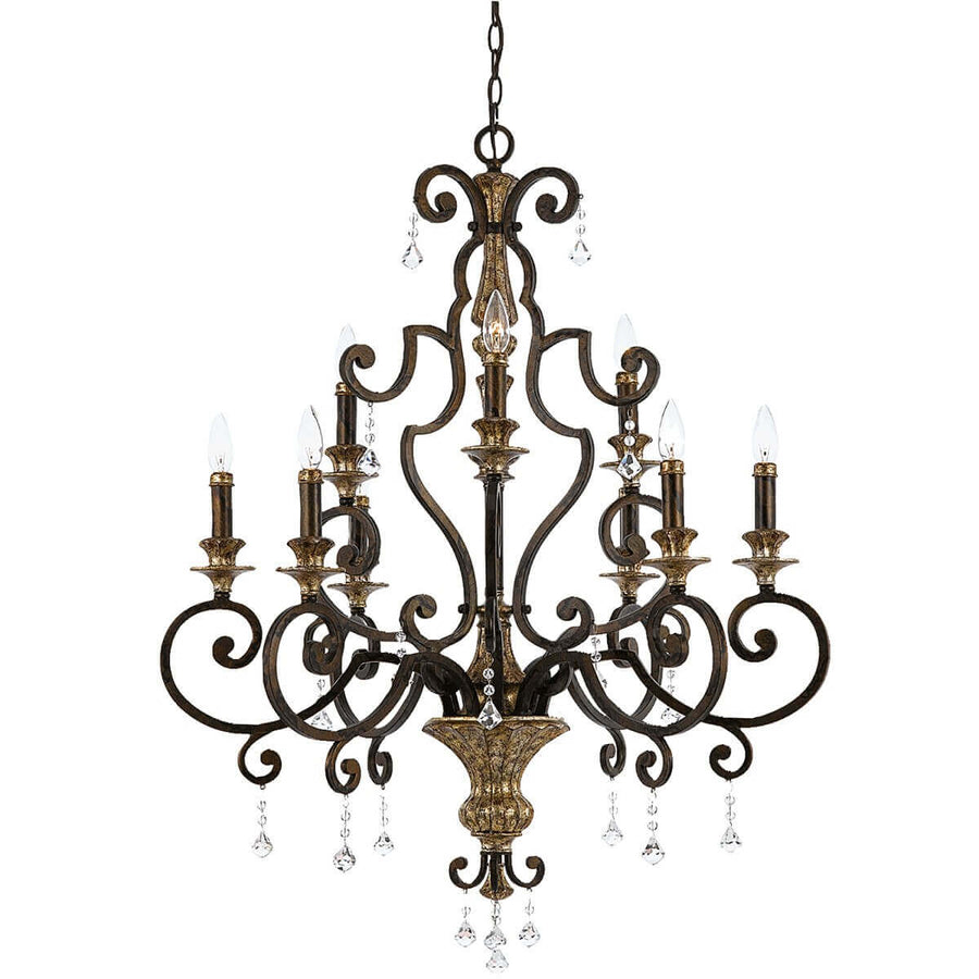 Lustre neuf lumières vue de face, structure métal bronze et cristaux suspendus