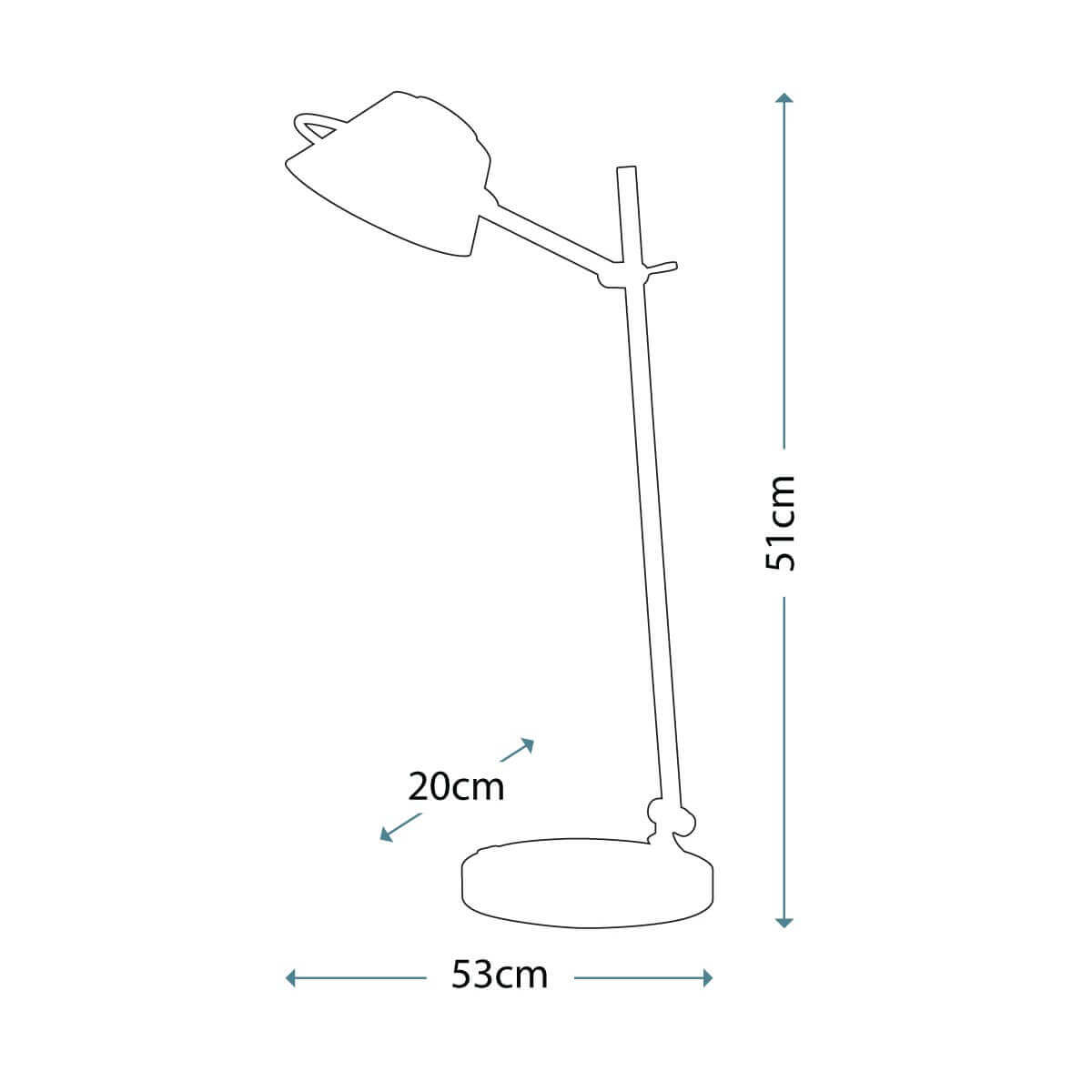 Schéma coté de la lampe : hauteur 51 cm, base 20 cm, largeur 53 cm