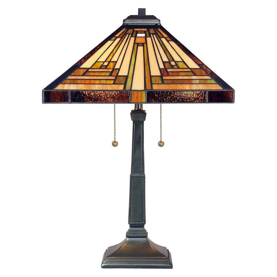 Lampe de table de face, abat-jour conique en verre Tiffany et pied bronze