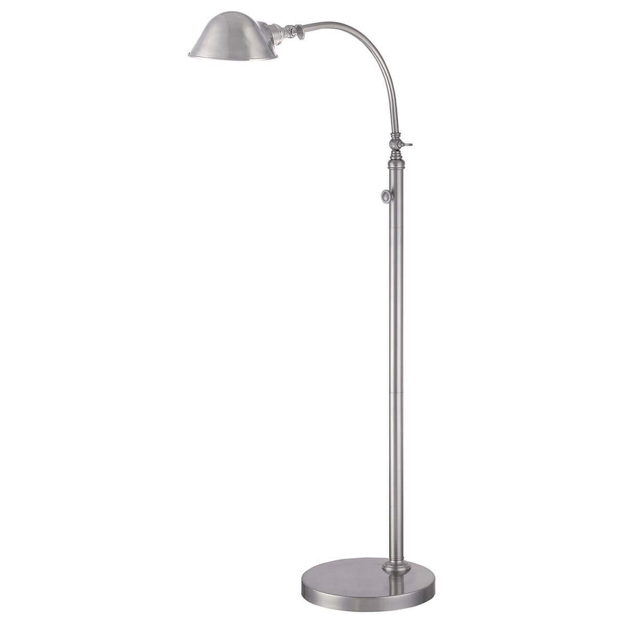 Profil du luminaire, détail de l'articulation et du pied rond en métal brossé.