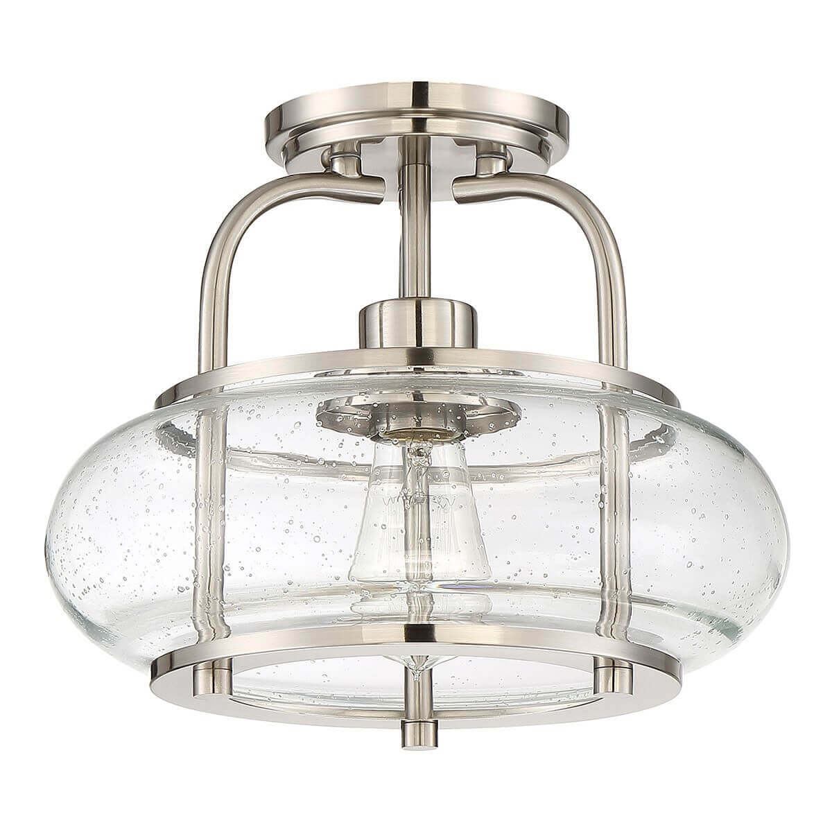 Plafonnier de face, ampoule allumée visible à travers le verre grêlé