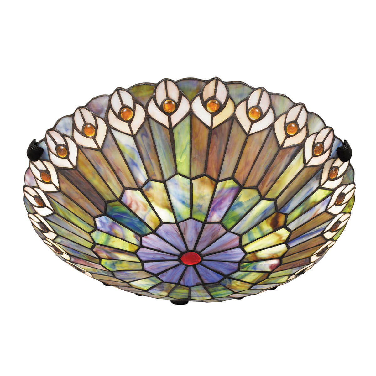Abat-jour présenté incliné, motif floral rayonnant aux teintes vertes, bleues et mauves