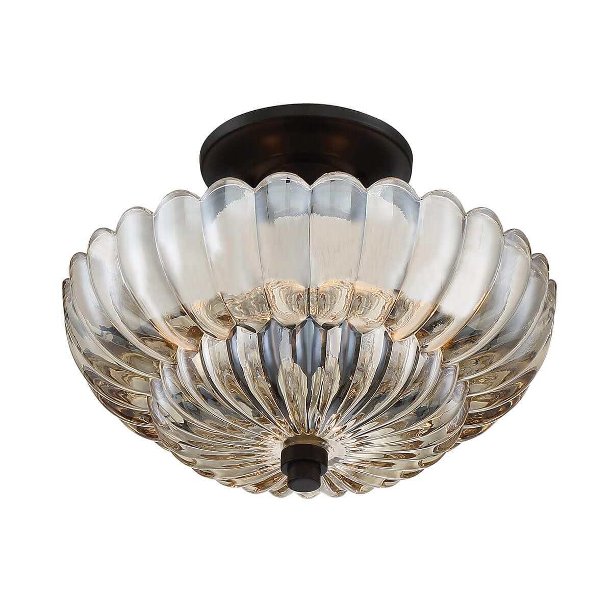 Angle rapproché du luminaire, verre transparent ambré et embase noire au plafond