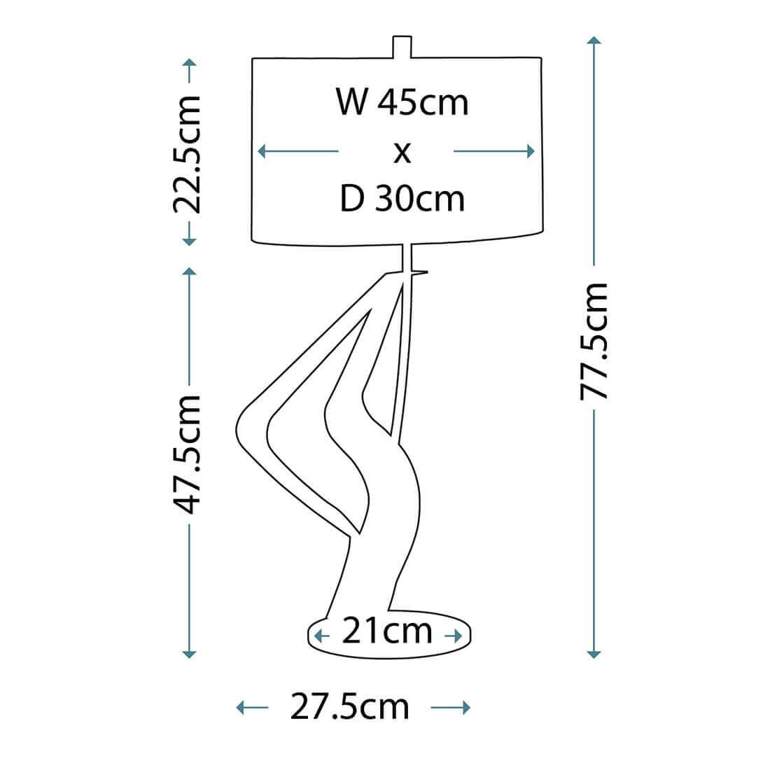 Schéma coté : hauteur totale, dimensions de l'abat-jour et diamètre de la base