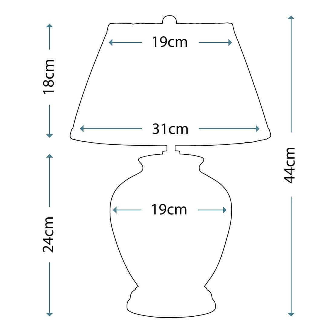 Schéma coté de la lampe : hauteur totale 44 cm, abat-jour 31 cm de diamètre