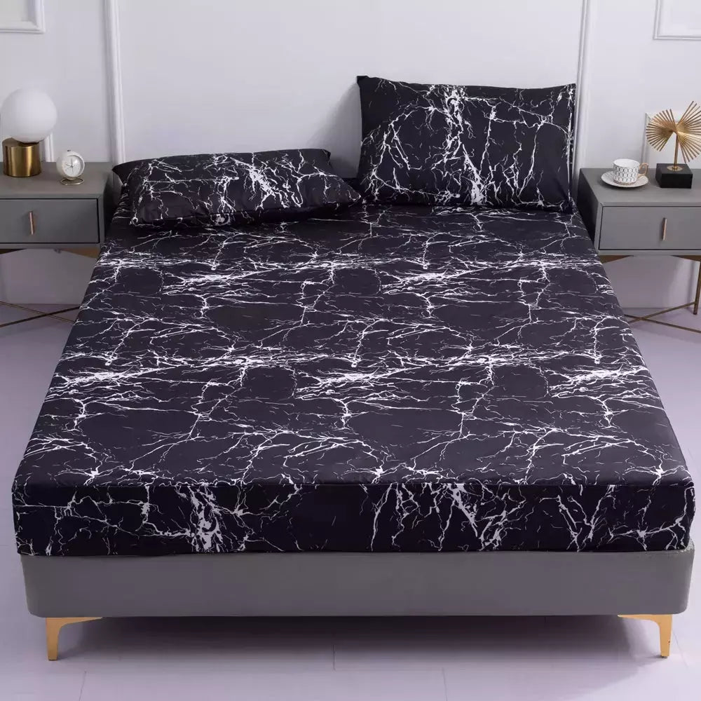 Ensemble Drap Housse et Taie d'Oreiller | DreamSuite - Designix Drap Housse Noir marbré 90x200x25cm
