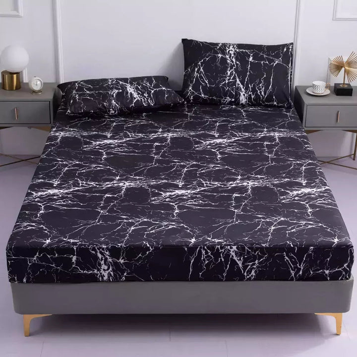 Ensemble Drap Housse et Taie d'Oreiller | DreamSuite - Designix Drap Housse Noir marbré 90x200x25cm
