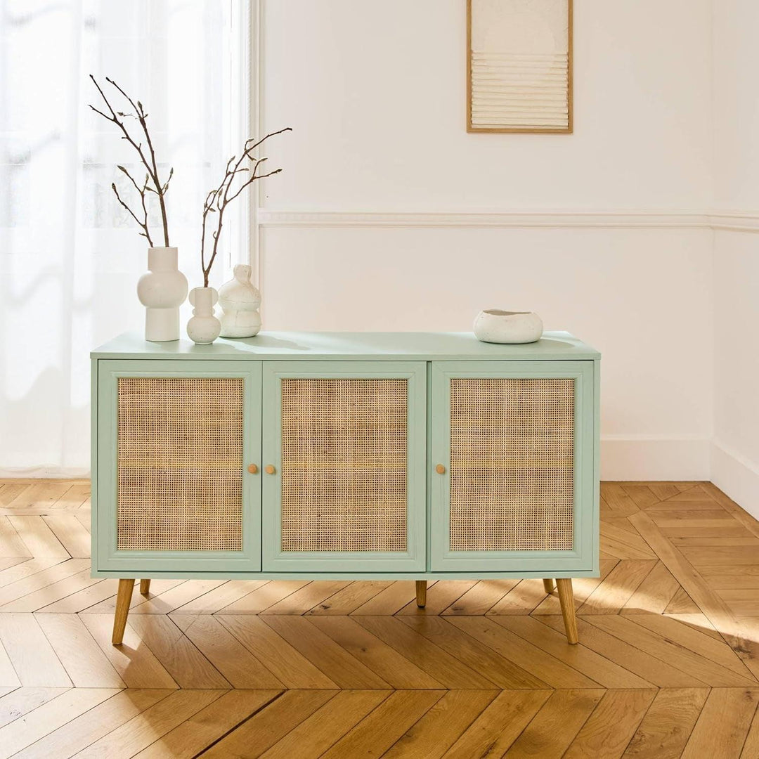 Alice'S Home - Buffet De Rangement En Cannage 120X39X70Cm - Bohème - 2 Niveaux. 3 Portes. Pieds Scandinaves | Designix - Amazon    - https://designix.fr/