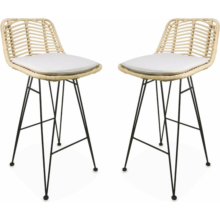 Alice'S Home - Deux Tabourets De Bar En Rotin Naturel Et Métal. Coussins Beiges - Cahya | Designix - Amazon    - https://designix.fr/