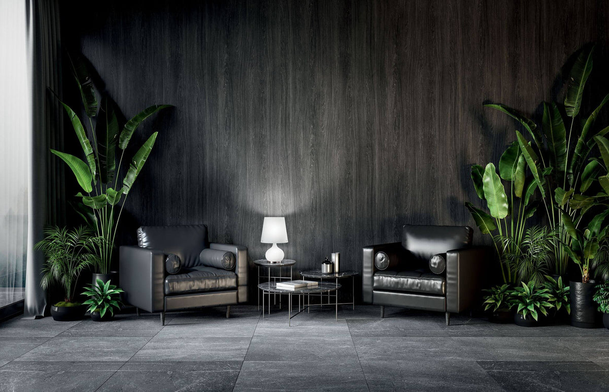 Mise en ambiance sombre avec fauteuils en cuir, plantes et lampe allumée