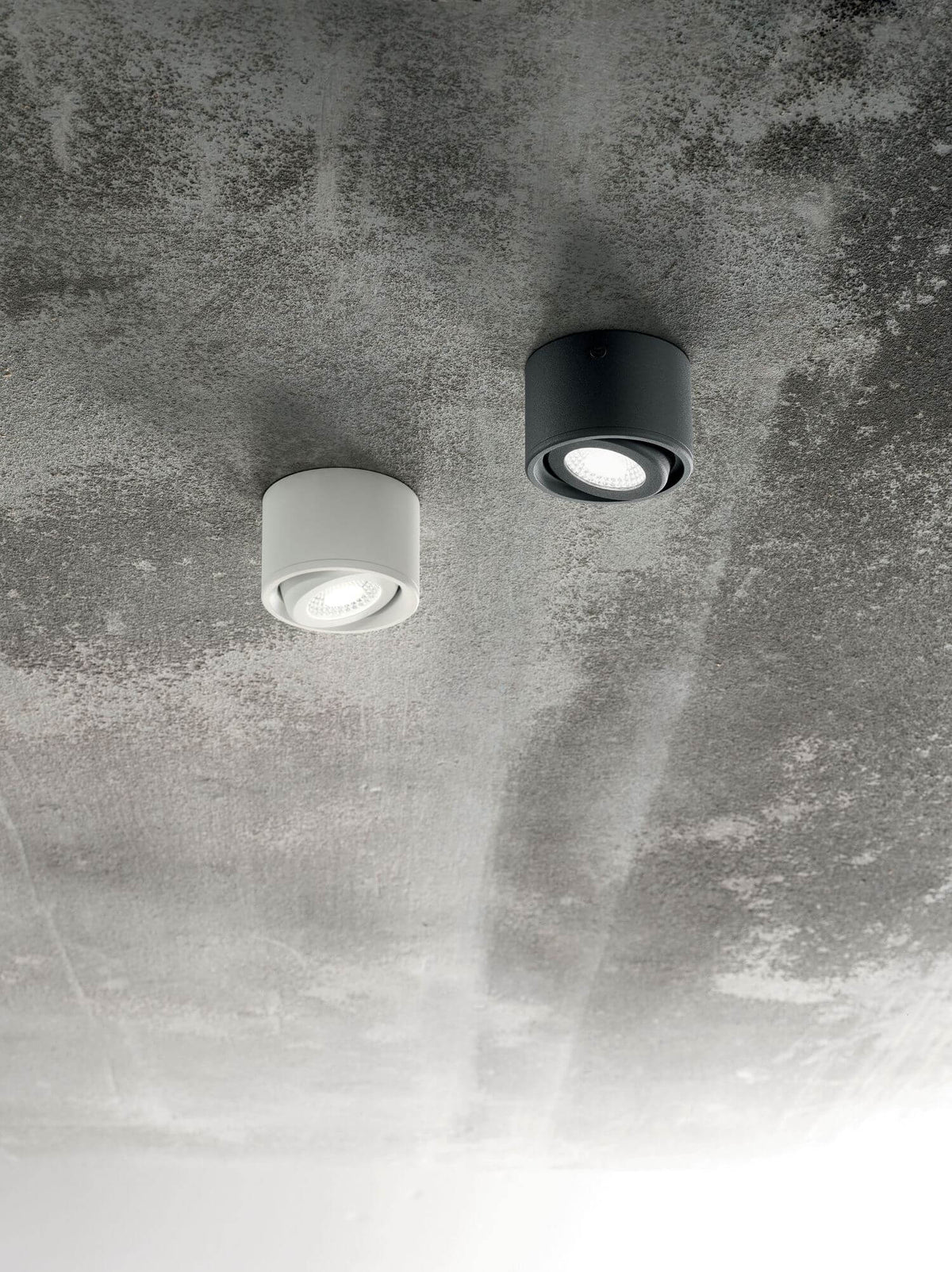 Deux spots cylindriques, un blanc et un noir, sur plafond béton brut
