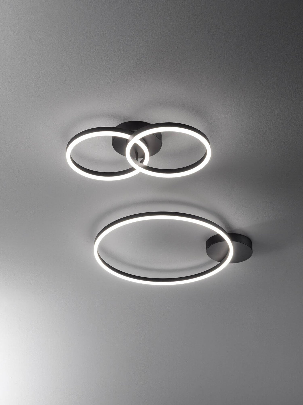 Deux plafonniers noirs à anneaux LED allumés fixés au plafond
