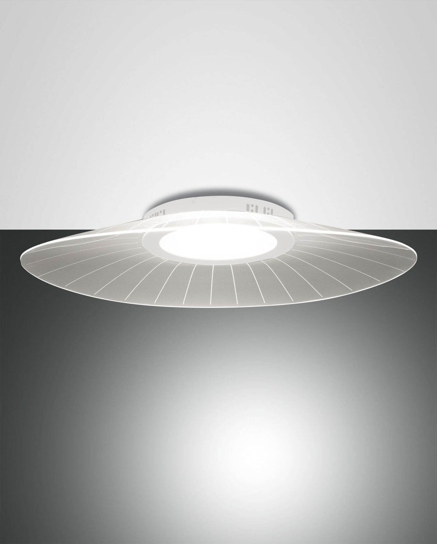 Plafonnier blanc vue de face, diffuseur central allumé sur fond sombre