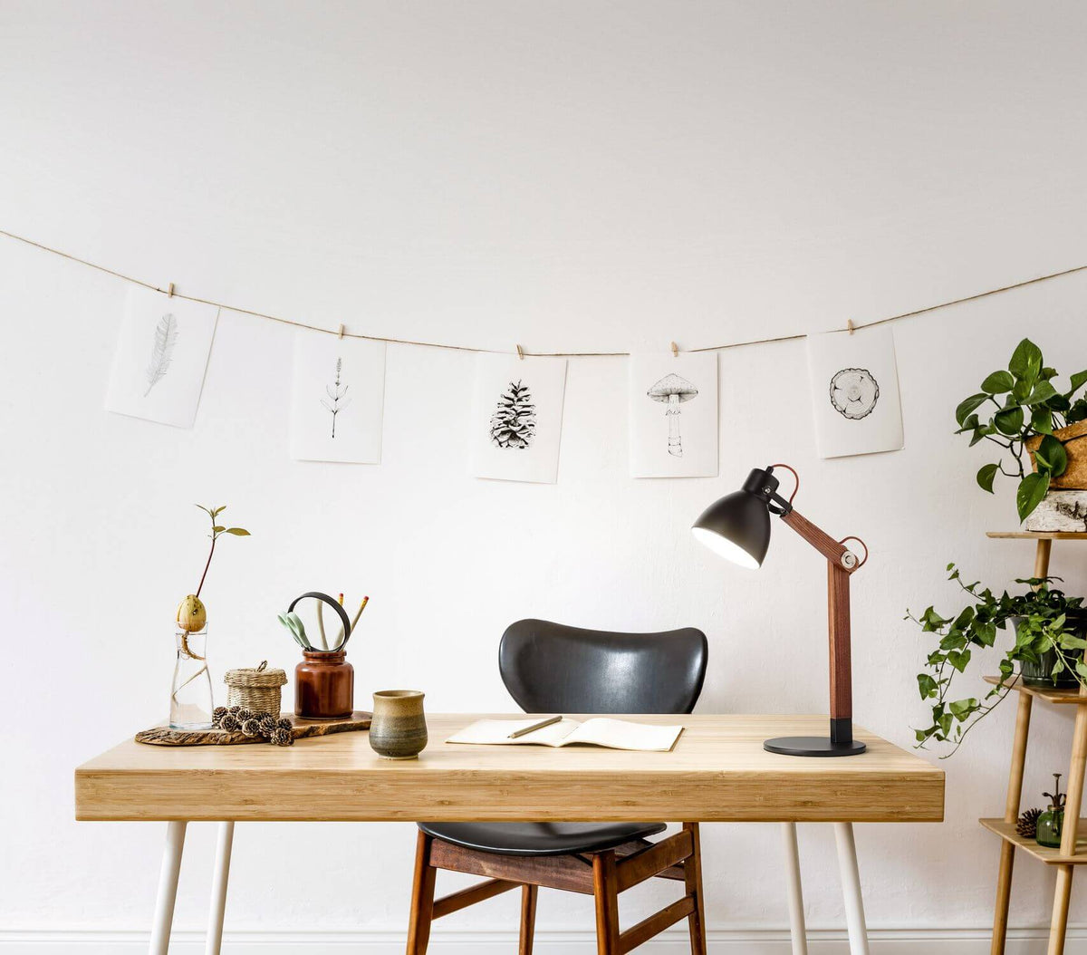 Lampe allumée sur bureau en bois, dans un intérieur clair avec végétation