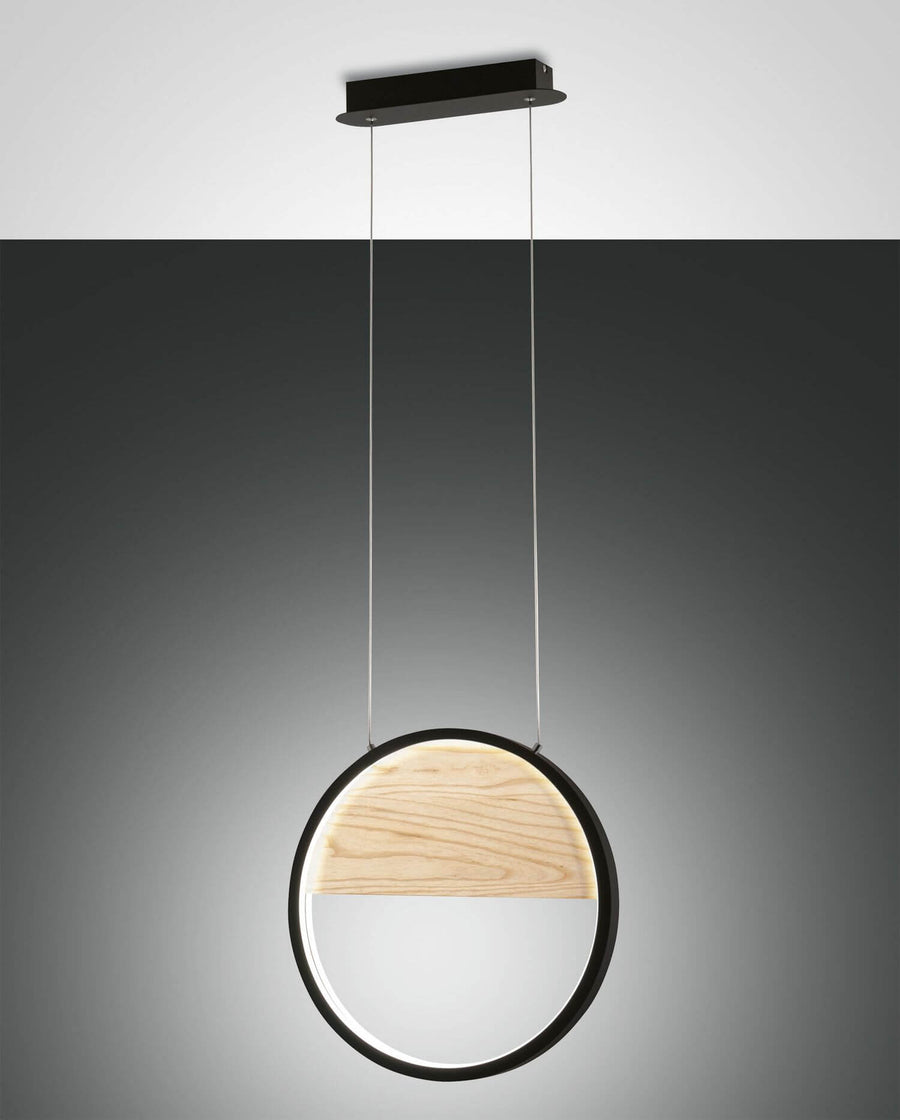 Vue de face du luminaire sur fond gris, anneau noir et demi-disque en bois clair.