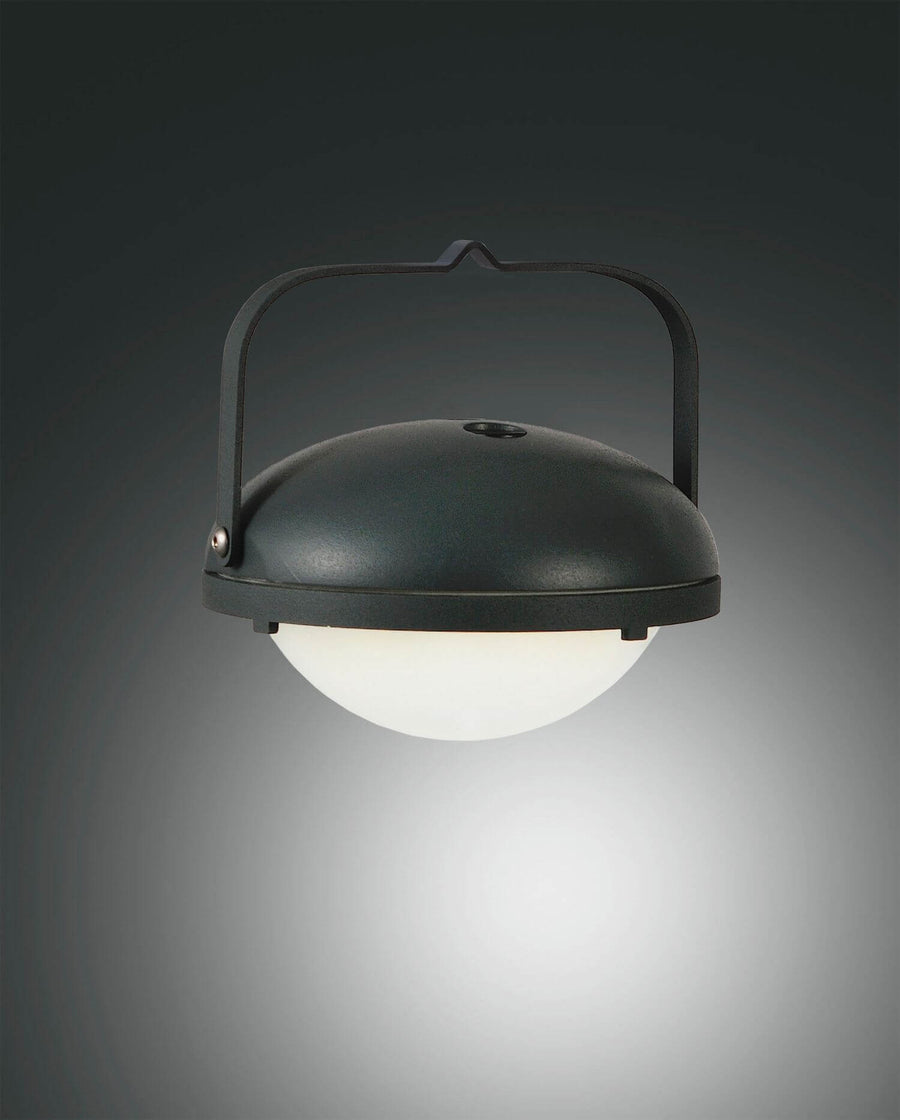 Détail du chapeau noir et du diffuseur blanc bombé sous la lampe en bois.