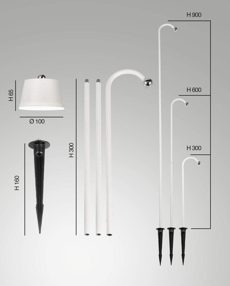 Schéma de dimensions avec cotes H900, H600, H300, abat-jour et piquet
