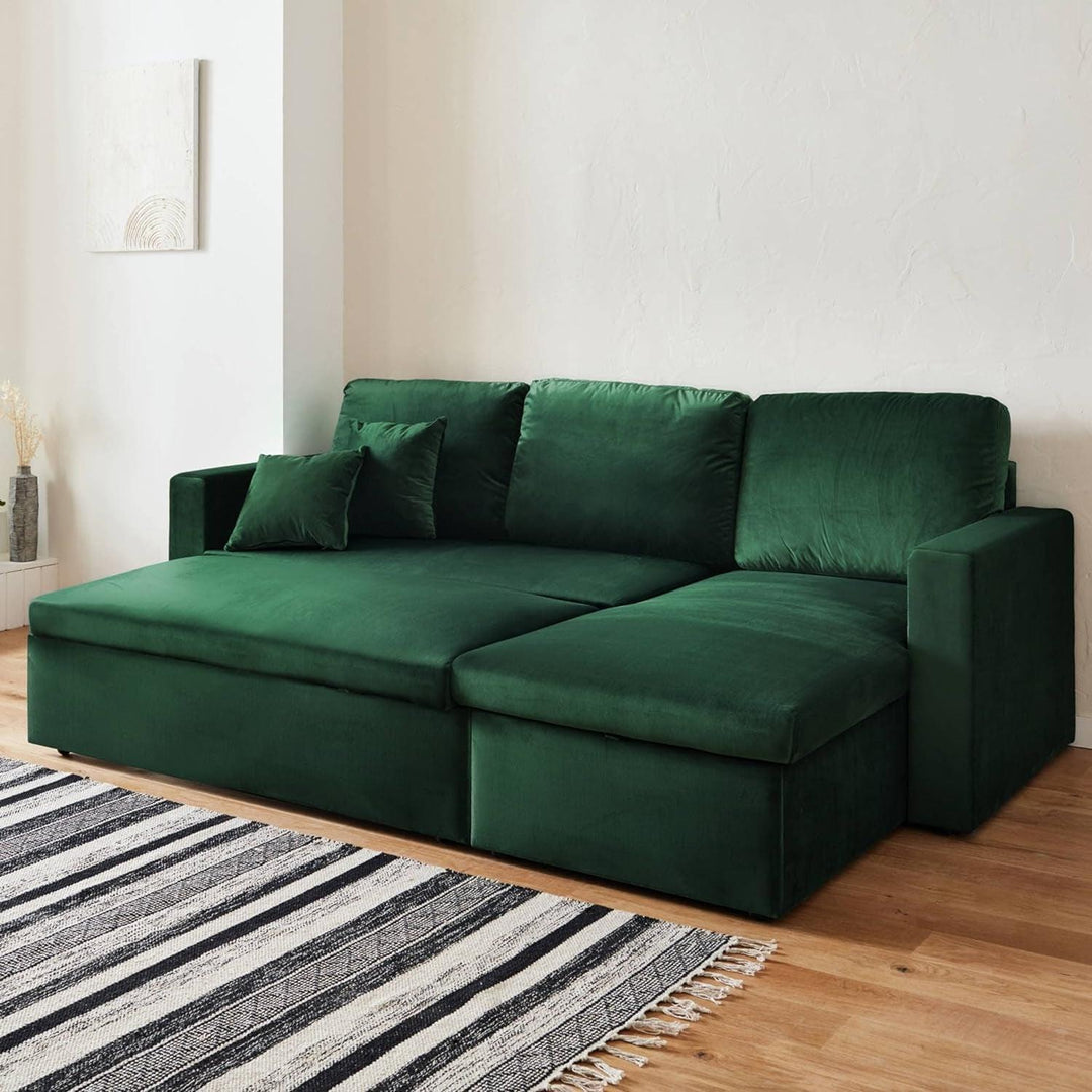 Alice'S Home - Canapé D'Angle Convertible En Velours Vert Anglais 3 Places. Fauteuil D'Angle Réversible Coffre Rangement Lit Modulable | Designix -     - https://designix.fr/