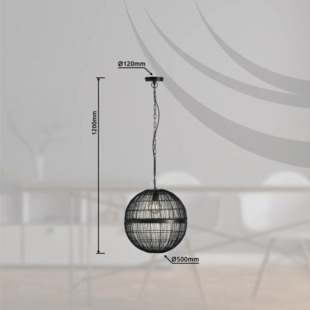 Schéma technique : hauteur 1200 mm et diamètre 500 mm de la suspension.