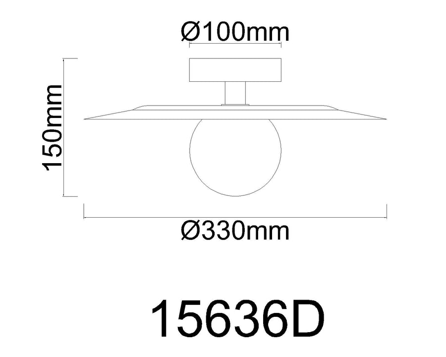 Schéma coté du plafonnier : diamètre 330 mm, hauteur 150 mm, base 100 mm.