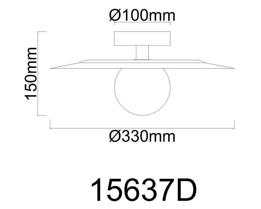 Schéma coté du plafonnier : diamètre 330 mm, hauteur 150 mm, référence 15637D