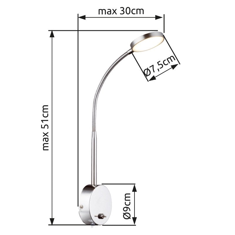 Vue technique détaillée montrant diamètre du diffuseur et de la base murale.