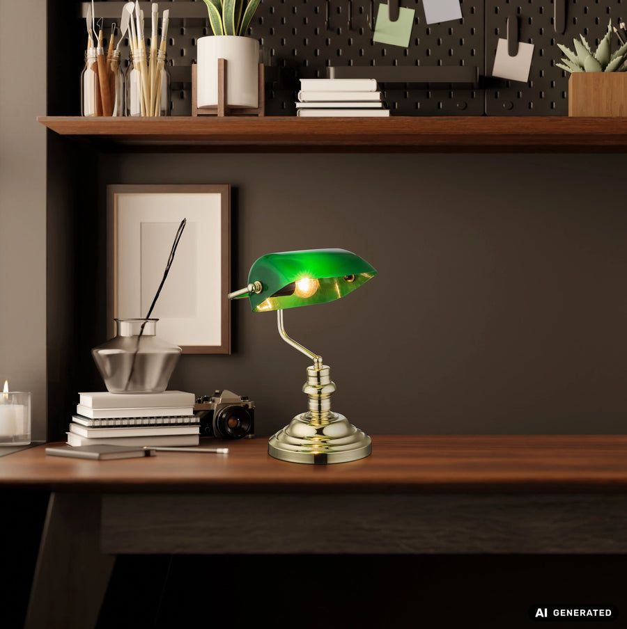 Lampe à poser verte sur un bureau en bois, avec livres, vase et appareil photo.