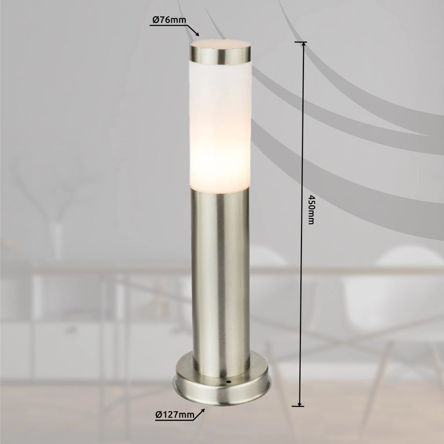 Schéma coté : diamètre 76 mm, hauteur 450 mm, base ronde 127 mm