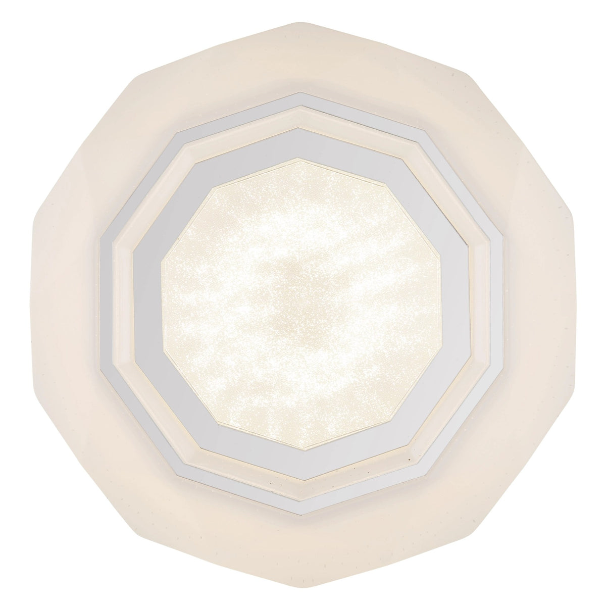 Vue centrée du plafonnier octogonal blanc mat et ses cercles géométriques