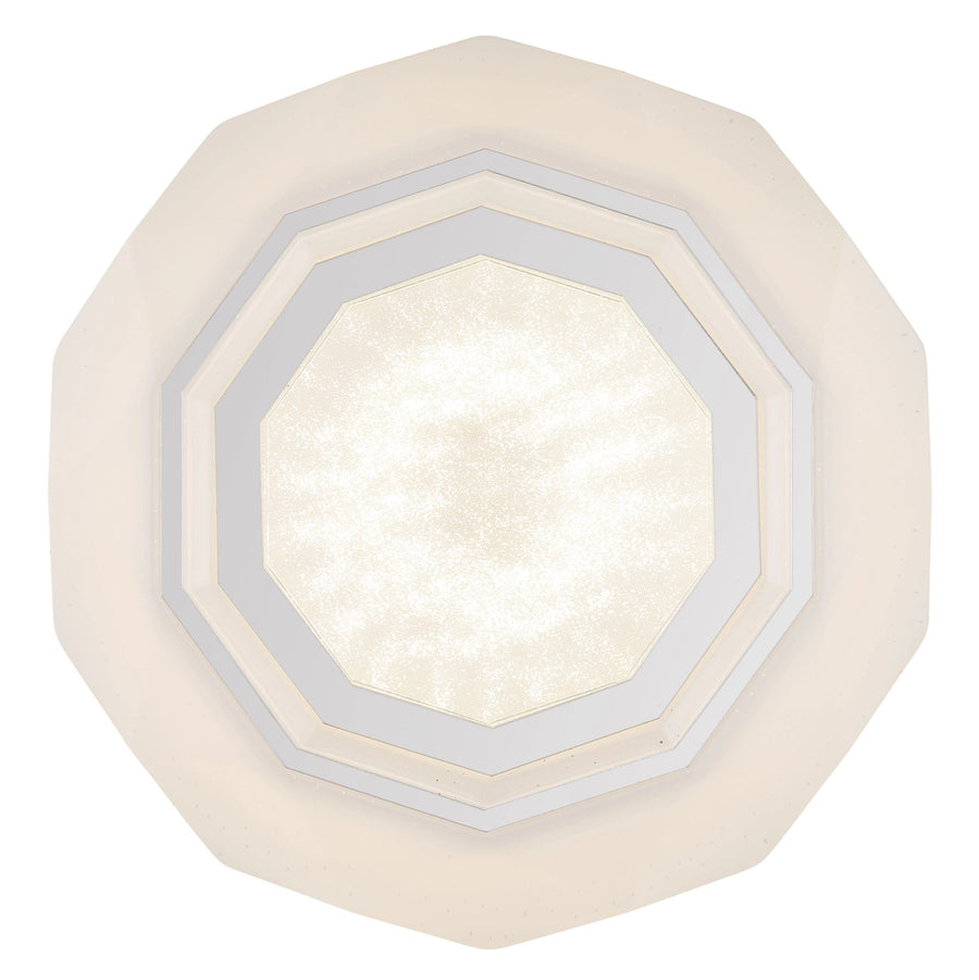 Vue centrée du plafonnier octogonal blanc mat et ses cercles géométriques