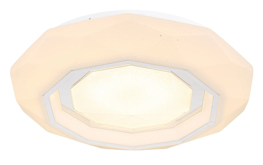Plafonnier octogonal blanc mat allumé, rendu de lumière chaude et homogène
