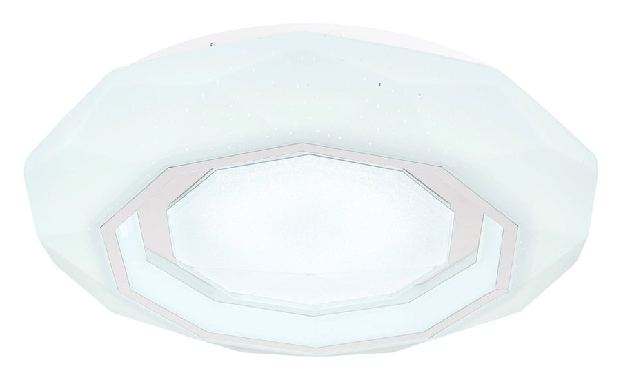 Plafonnier octogonal blanc mat éclairé en lumière froide, diffuseur dépoli