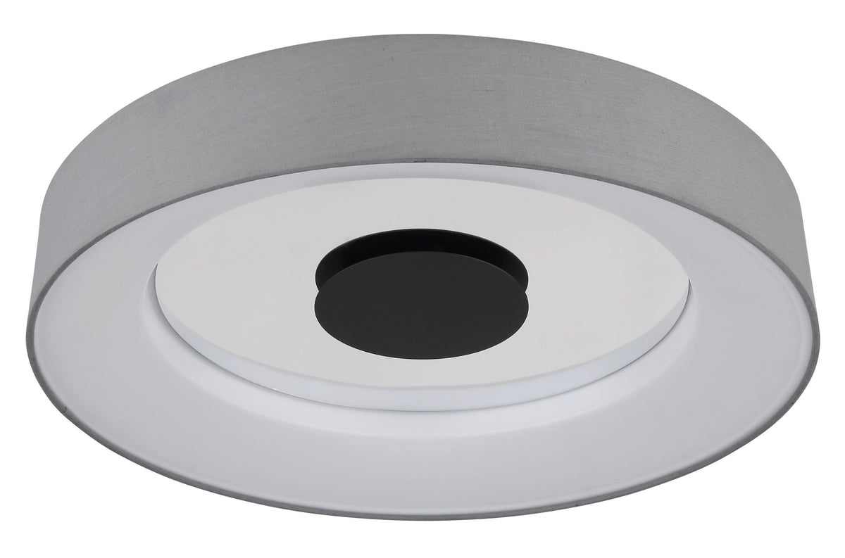 Détail de trois quarts du plafonnier à abat-jour textile gris et embase blanche