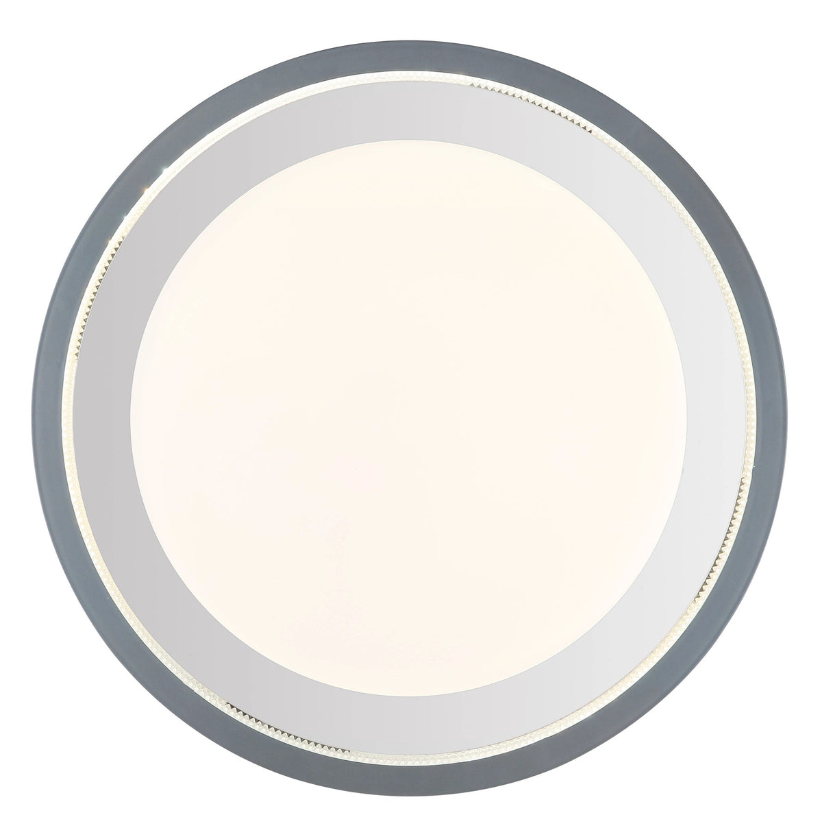 Vue de dessous du luminaire éteint, grand disque blanc cerclé de gris