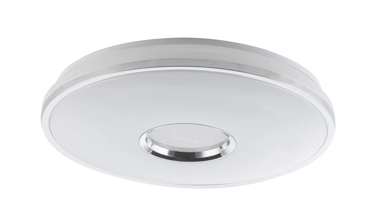 Détail du luminaire éteint, verre opalin blanc, liseré métallique et médaillon central satiné