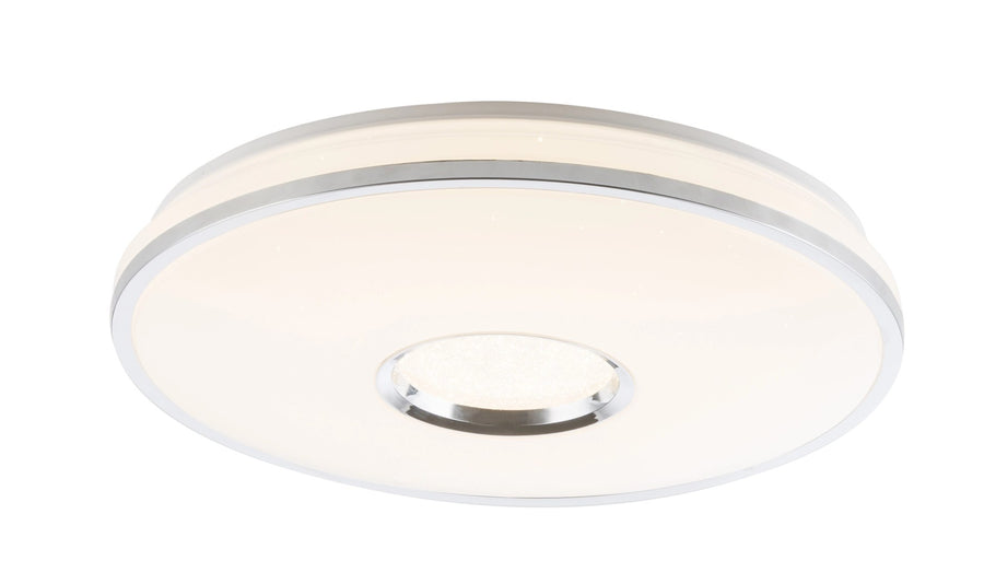 Face inférieure du plafonnier éclairé, halo lumineux doux et cercle chromé central