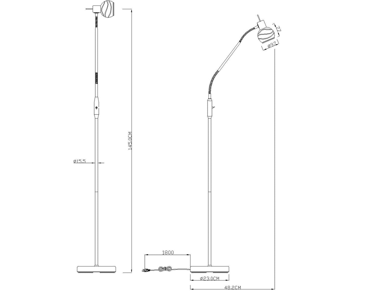 Vue technique détaillée du luminaire avec dimensions de la tige et de l'encombrement.