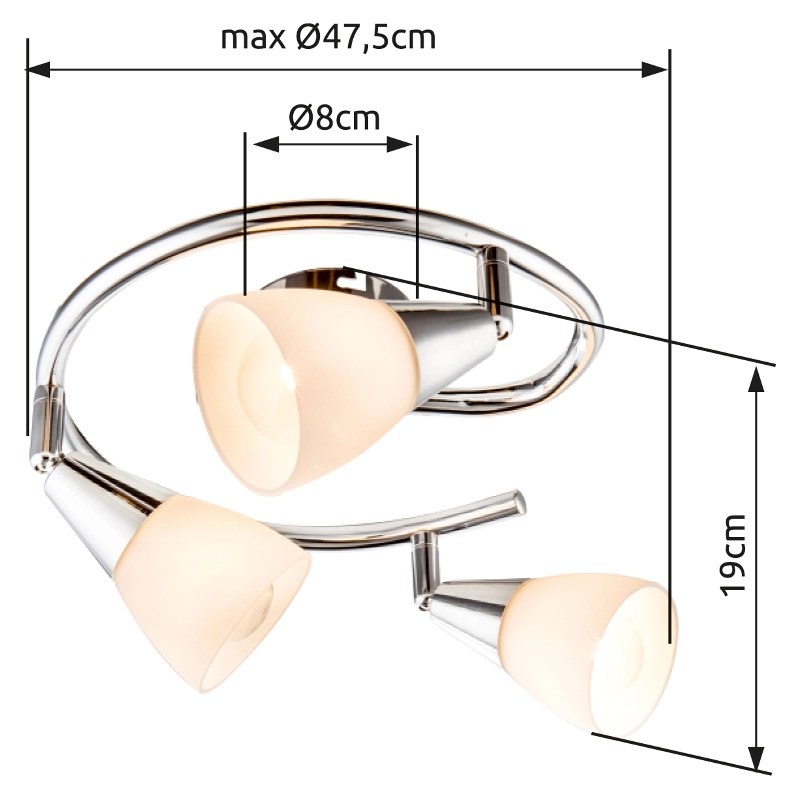Schéma coté du plafonnier indiquant diamètre maximal 47,5 cm et hauteur 19 cm