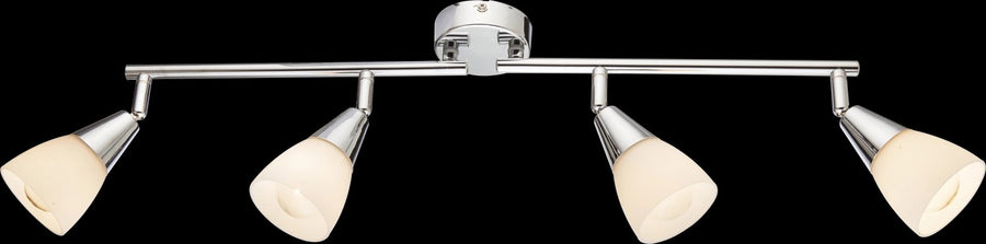 Plafonnier chromé à quatre spots orientables, présenté sur fond noir.