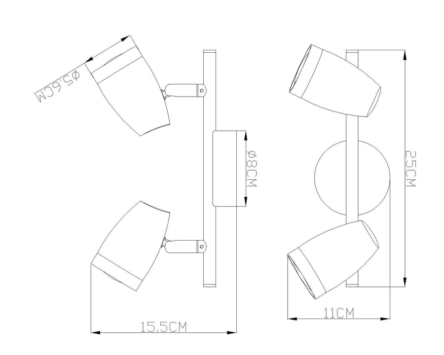 Schéma coté du plafonnier avec dimensions en centimètres et orientation des spots.