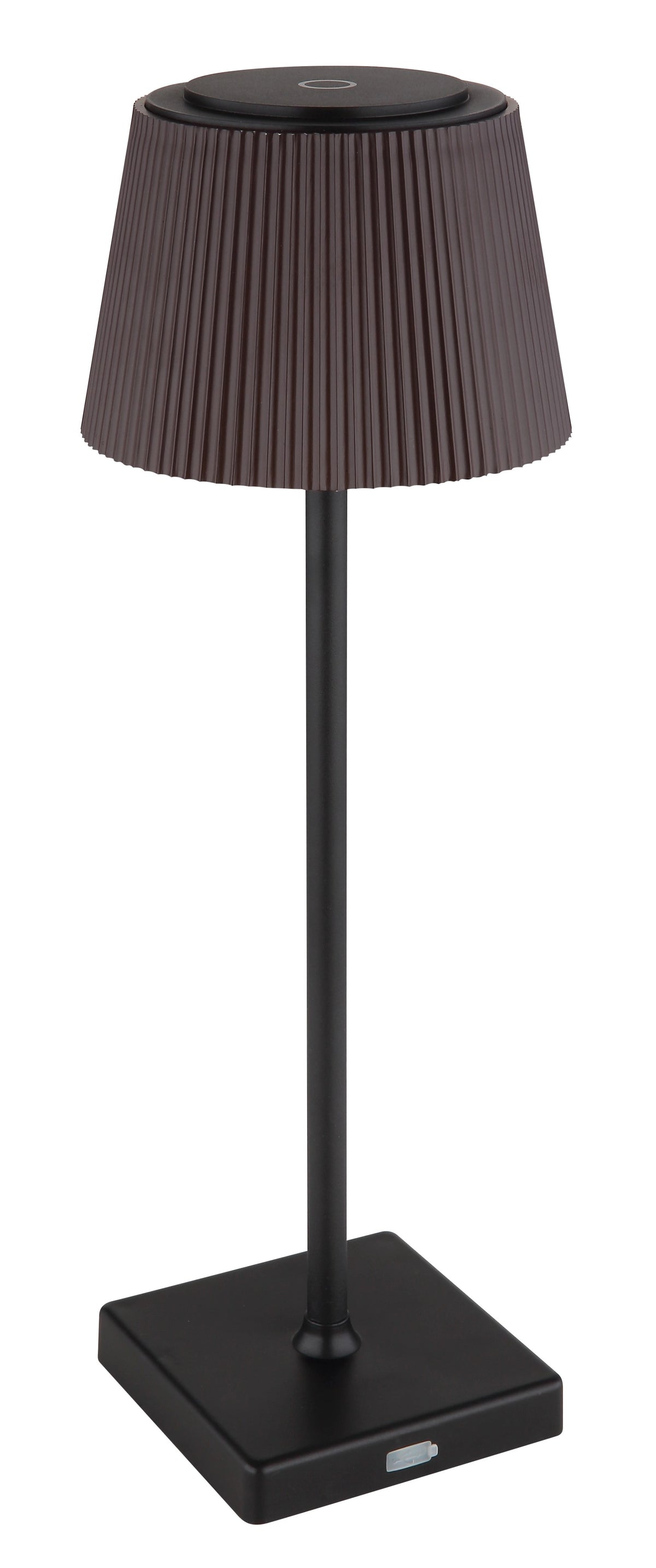 Abat-jour éteint brun foncé, lampe noire mat avec base carrée et tige.