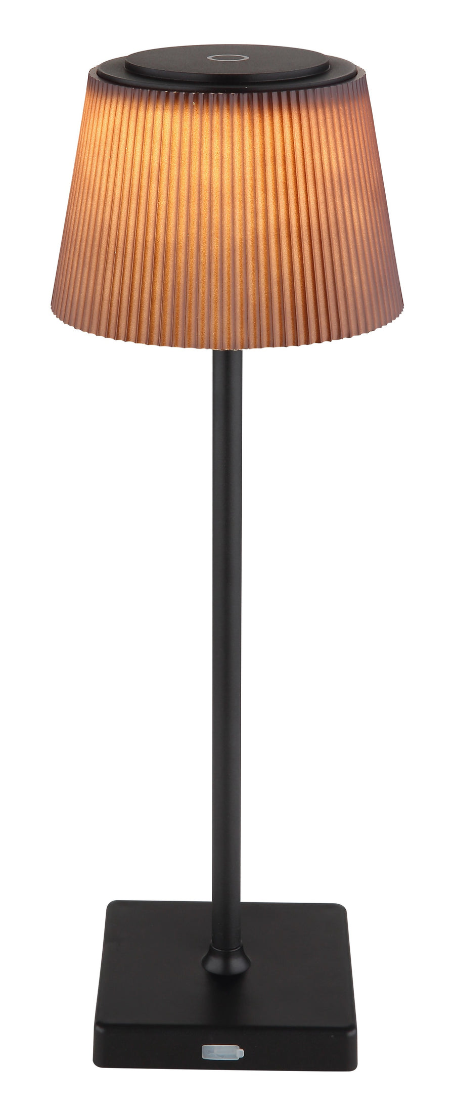 Détail de l'abat-jour plissé allumé, sommet noir avec commande tactile ronde.